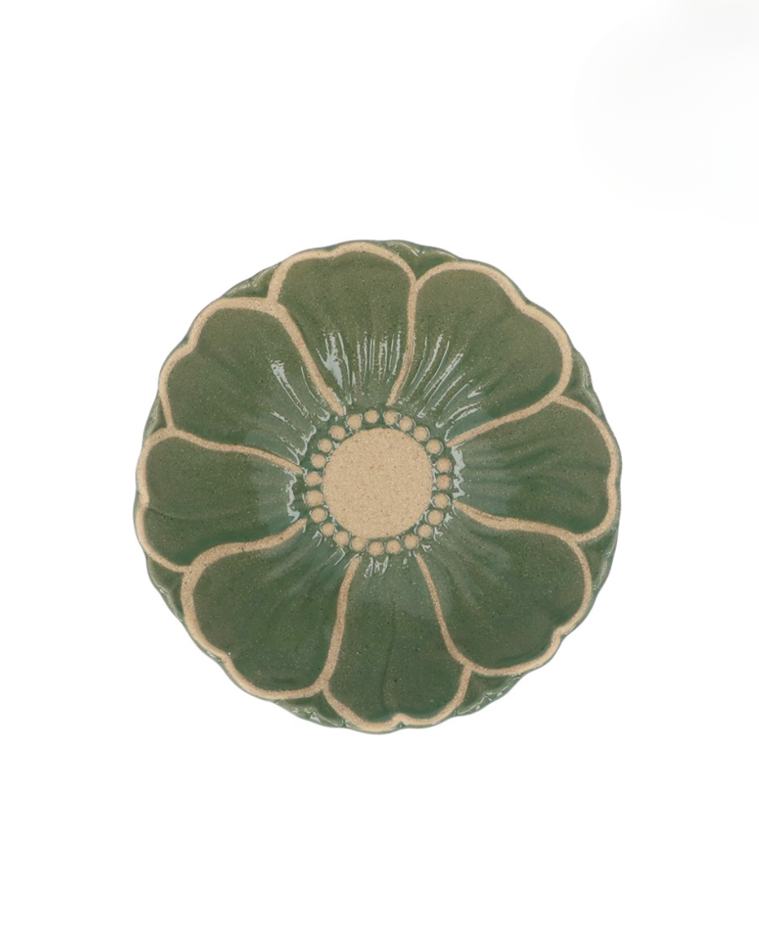 Top view of a Stoneware Bowl Green Flower, showcasing the hand-painted green floral design and round stoneware shape