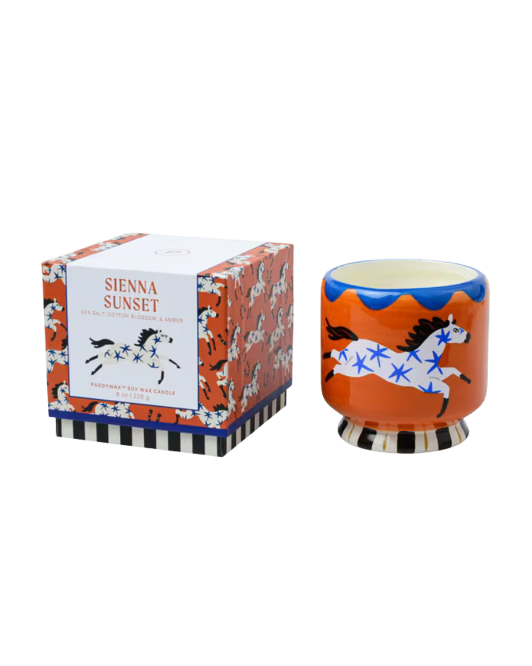 A Dopo Horse Soy Wax Candle 8oz with matching hand-painted ceramic vessel and decorative gift box, eco-friendly and cruelty-free design.