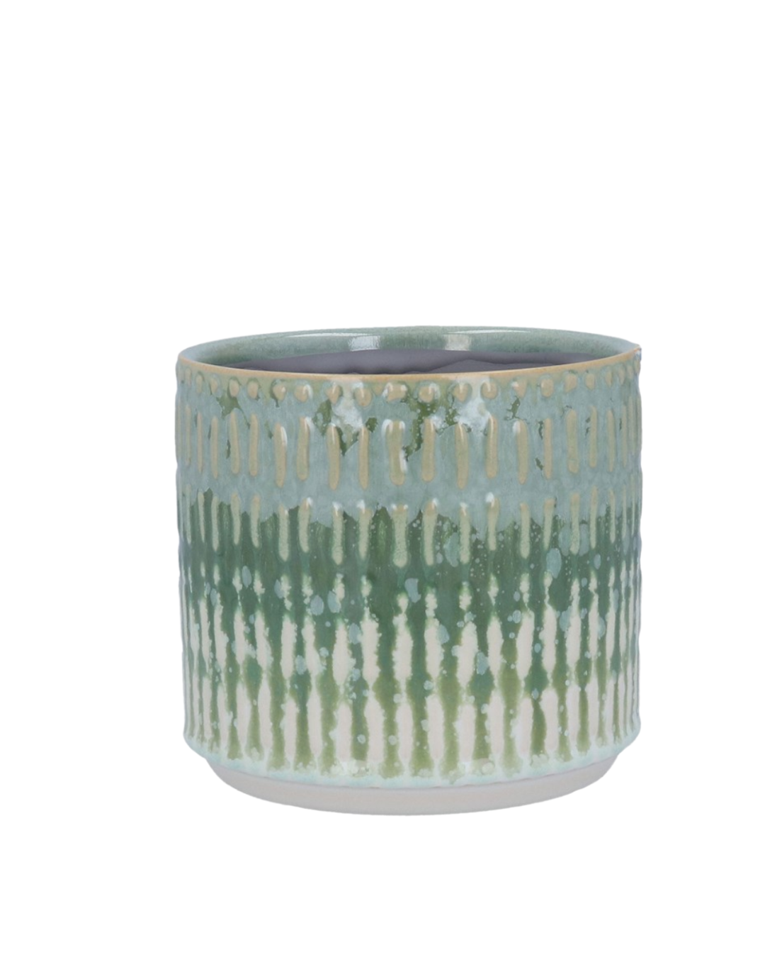Front view of a medium Green Reactive Glaze Stoneware Pot, showcasing its deep green reactive glaze finish and round stoneware shape.