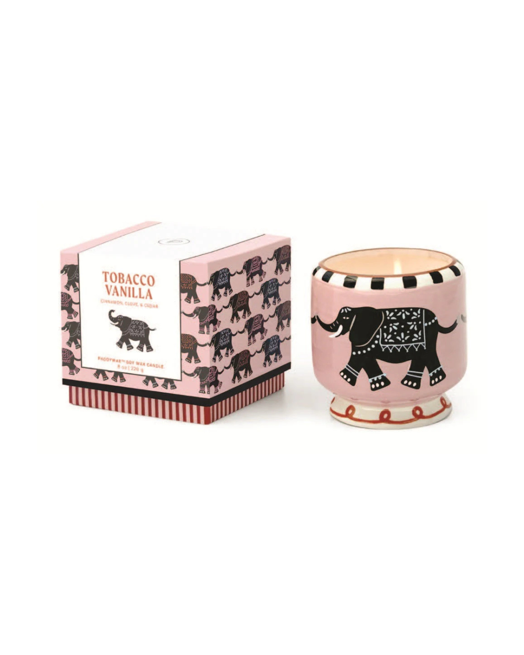 A Dopo Elephant Ceramic Candle 8oz with matching hand-painted ceramic vessel and decorative gift box, eco-friendly, vegan, and cruelty-free.