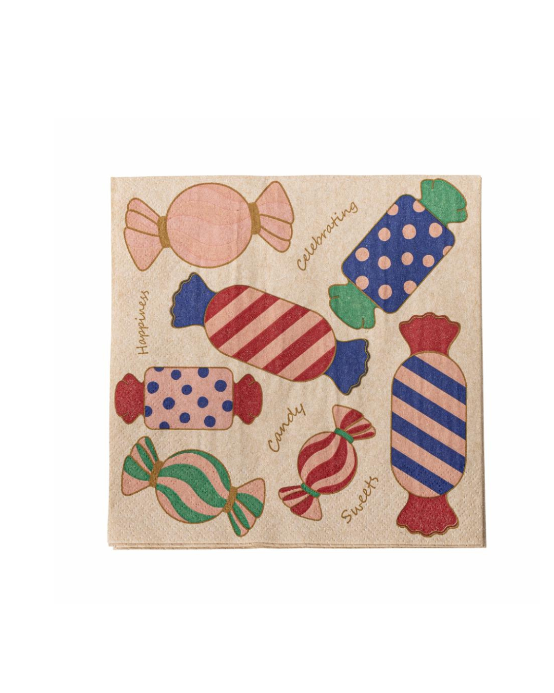 Caramelle Napkins pack of 20 with vibrant candy illustrations and handwriting, FSC-certified recycled paper, 33x33 cm, perfect for birthdays, holidays, and festive table decor