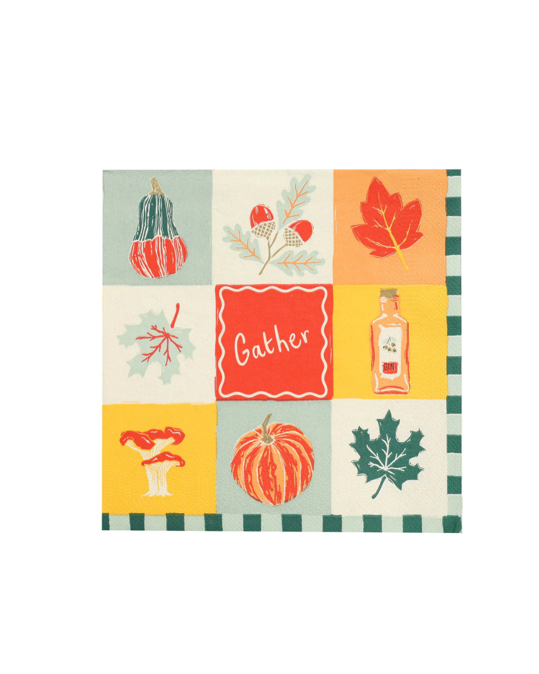 Autumnal Paper Napkins pack of 21 with falling leaves, pumpkins, mushrooms, and gin bottle design, 33x33 cm, 3-ply recycled paper, perfect for autumn and Halloween tables