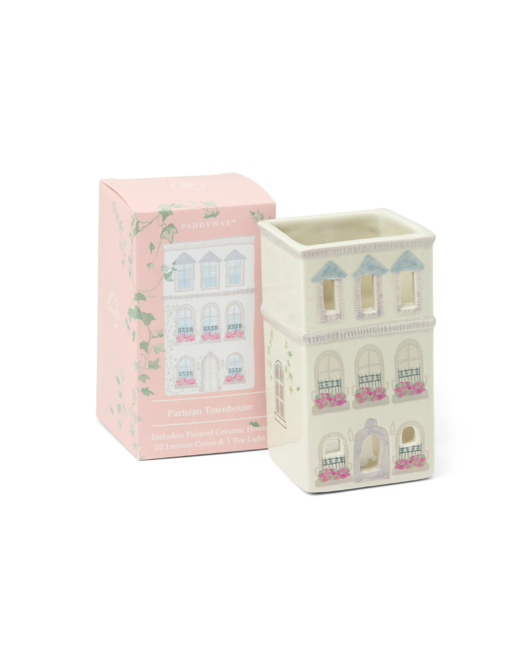 Parisian Incense &amp; Tea Light Holder, hand-painted ceramic house with flickering tea light and Palo Santo incense cones, perfect for Parisian-inspired home décor or gifting