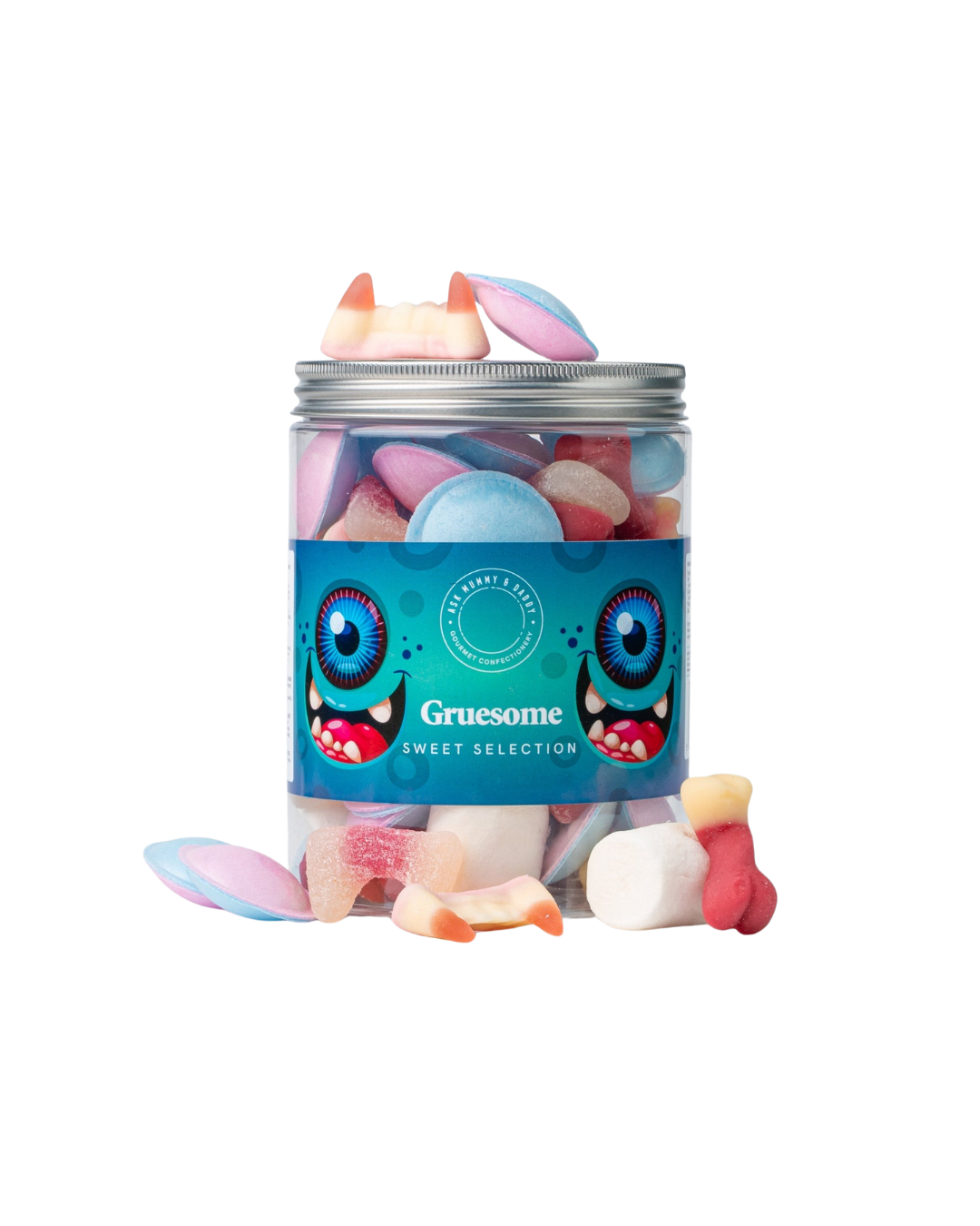 Limited Edition Gruesome Share Tub filled with purple Flying Saucers, Fizzy &amp; Gummy Giant Fangs, and fruit-flavoured Monster Jellies. Packed in the UK
