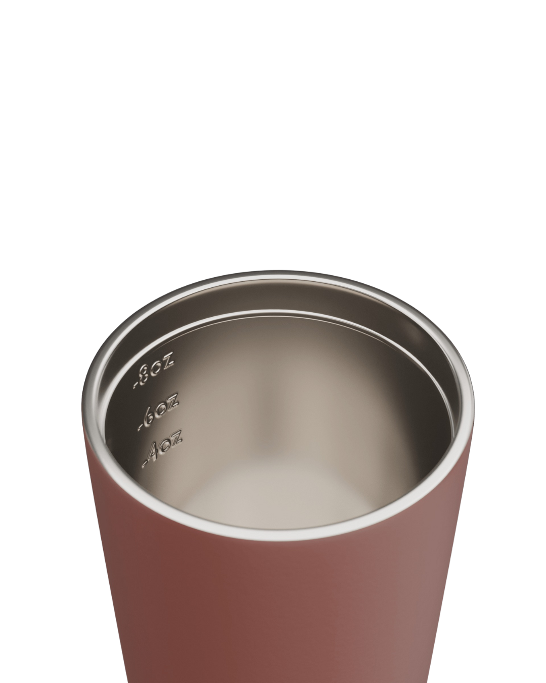Close-up of the tuscan Bino reusable mug with the inside color silver  on a white background