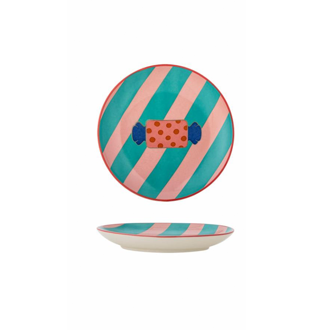 Caramella stoneware plate with hand-painted candy design in the center, green stripes on pink background, 16cm, colorful and playful tableware”