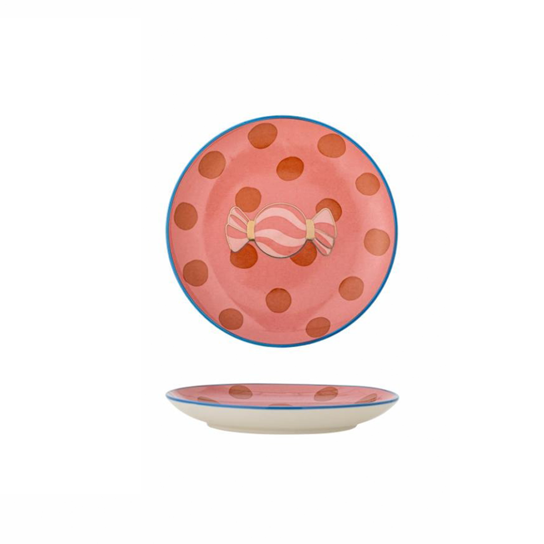 Caramella stoneware plate with hand-painted candy design in the center, rose dots on pink background, 16cm, colorful and playful tableware