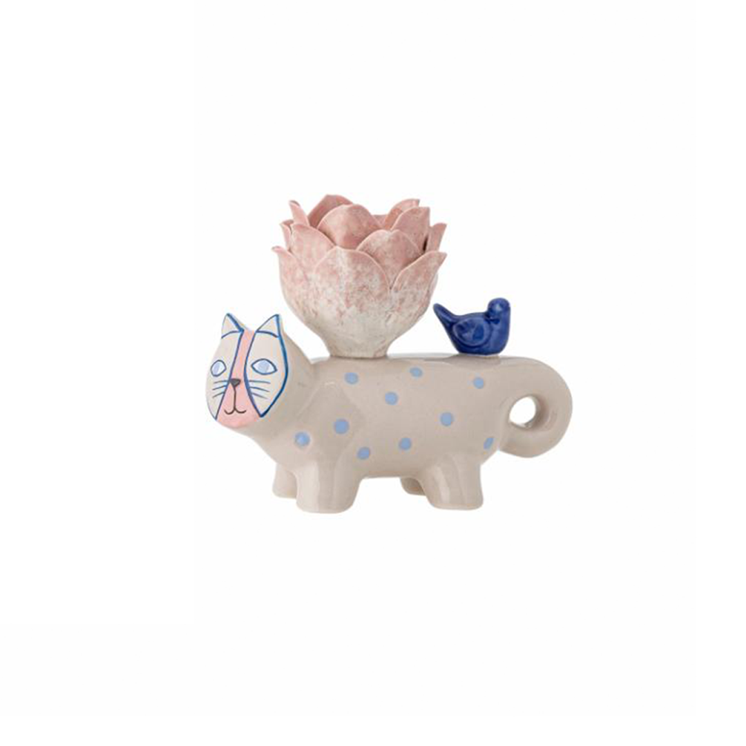 Missy Pink Lilac Spots Small Cat Candle Holders set of 2, hand-painted stoneware with flower-shaped candle holders, playful and unique home décor