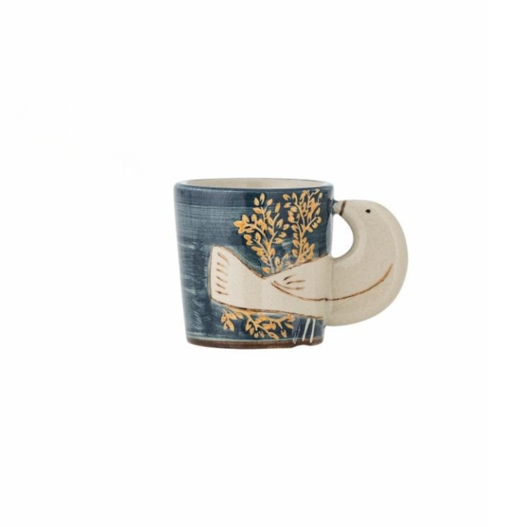Blue Hezha espresso cup on a white background, featuring a delicate bird motif with wings as handles. Hand-decorated, unique ceramic cups ideal for espresso or decorative display.