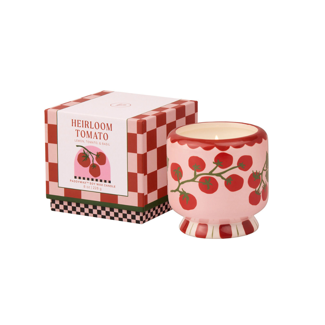 Vegan 8oz soy candle in repurposable ceramic jar with red tomato vines, cheirloom tomato scent