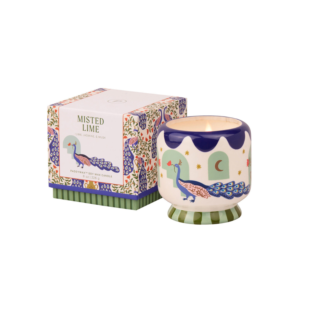 Vegan 8oz soy candle in repurposable ceramic jar with peacock, misted lime scent