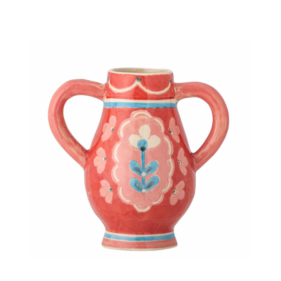Red ceramic vase with dual handles and hand-painted floral design in blue, pink, and white – Odina Decorative Vase