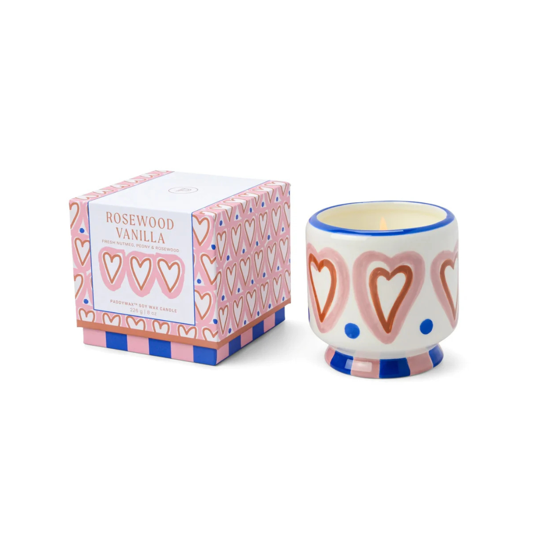Vegan cruelty-free soy wax candle, 8oz, in a repurposable ceramic jar with heart decoration, featuring a calming rosewood and vanilla fragrance