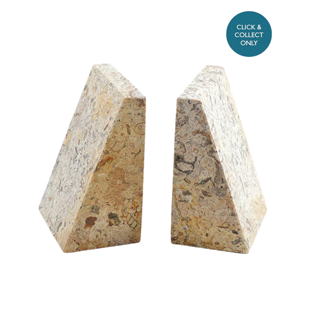Pair of Himalayan wedge marble bookends in fossil stone handcrafted with polished finish – 15x10x7.5 cm, 4.388 kg.