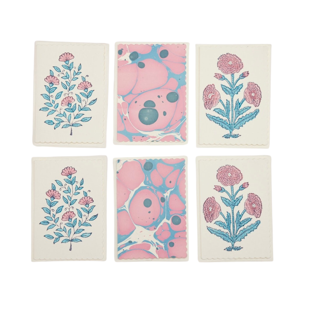 Malika Sunshine Pink & Blue - Handcrafted Notecard Set 6 Pack