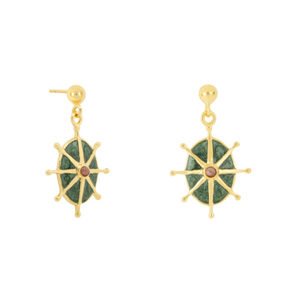 Pink Rhodonite &amp; Green Enamel 8 Point Star Stud Gold Earrings