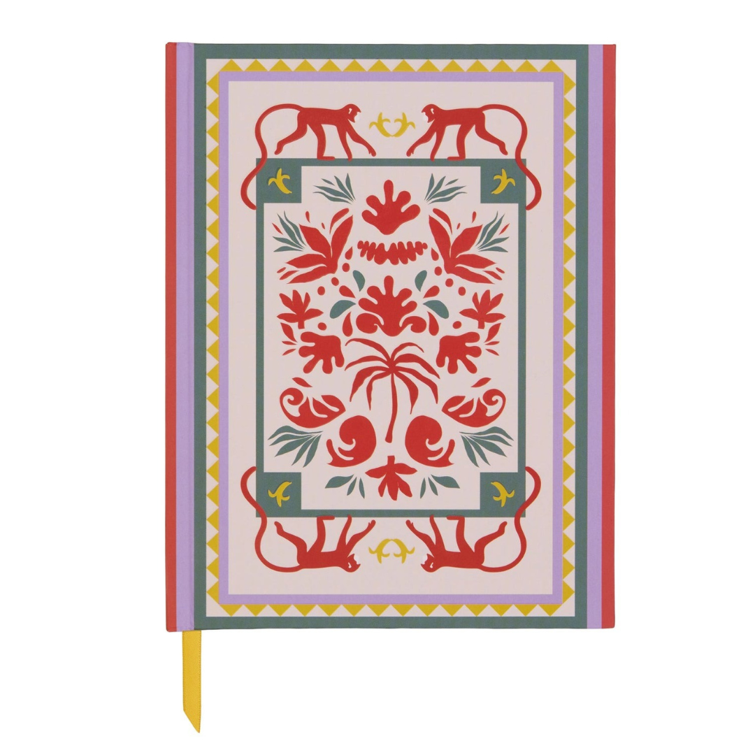 A Dopo monkey lined journal with palm design cover and gold ribbon bookmark, 192 pages, compact 15x19.5 cm notebook