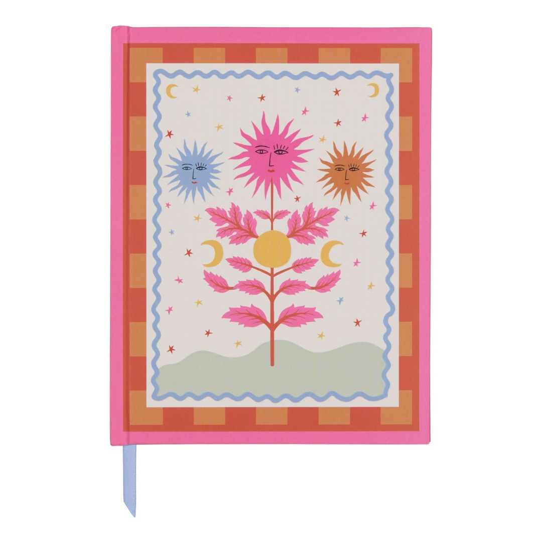 A Dopo Hearts lined journal with mystical sun design cover and dusty blue ribbon bookmark, 192 pages, compact 15x19.5 cm notebook