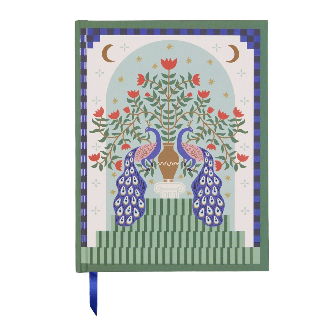 A Dopo Peacock lined journal with peacock design cover and blue ribbon bookmark, 192 pages, compact 15x19.5 cm notebook