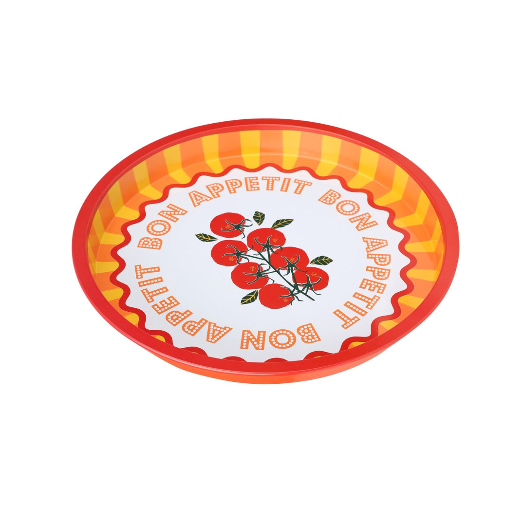 Round tin tray with red and yellow tomato-themed design, featuring a red striped border and circular &