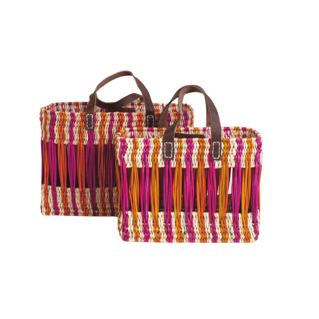 Decorative Reed Basket Pink & Orange Stripe