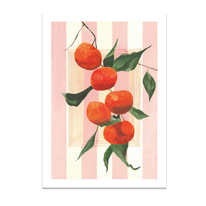 Illustration of oranges with green leaves on a pink striped background