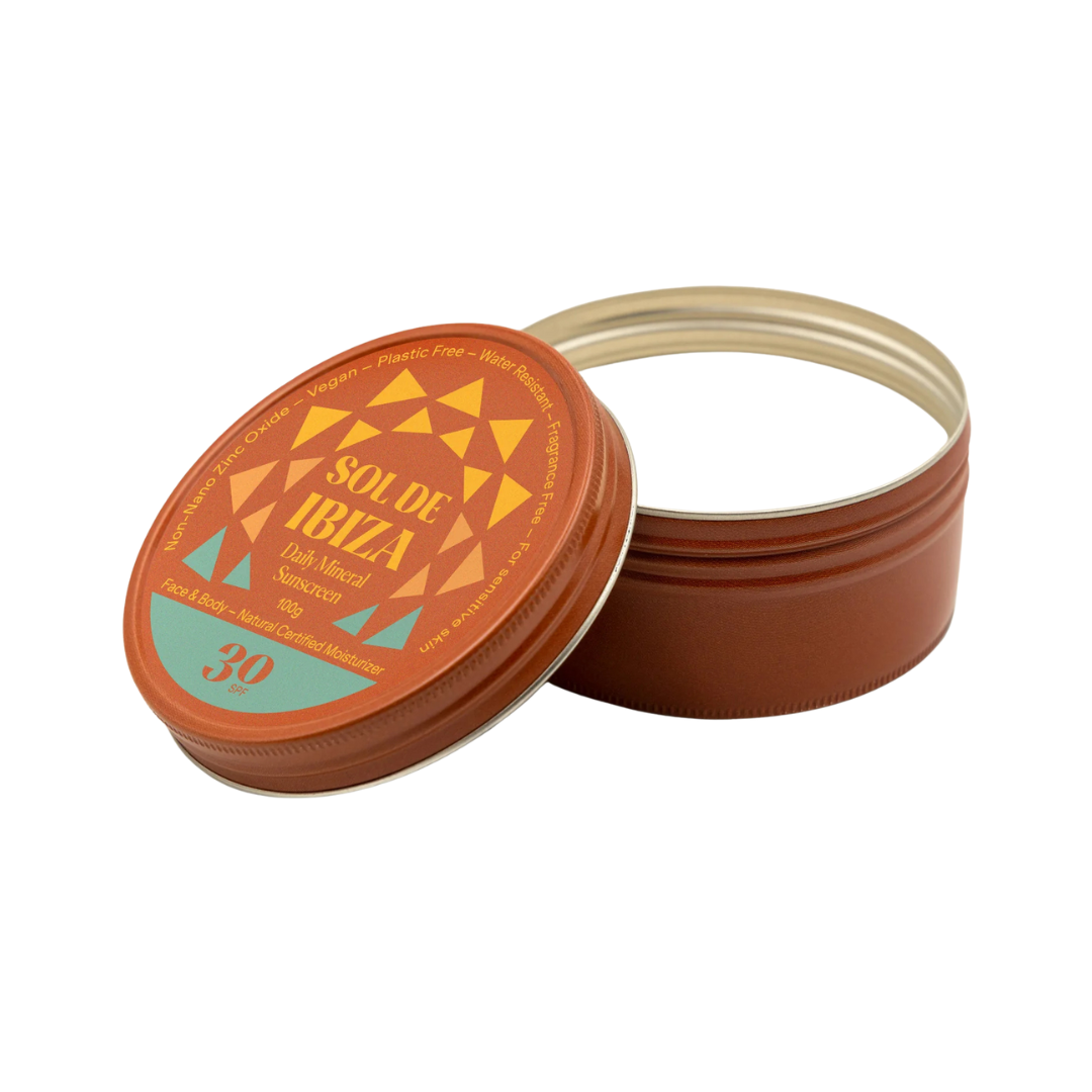 Daily Mineral Sunscreen SPF30 in 100% plastic-free reusable tin – natural vegan sun protection against a white background