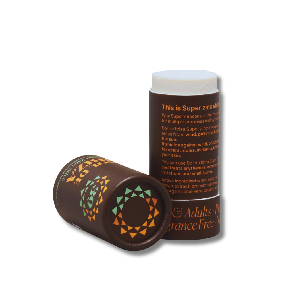 SPF30 mineral sunscreen stick in a compostable cylindrical cardboard tube, displayed on a clean white background.