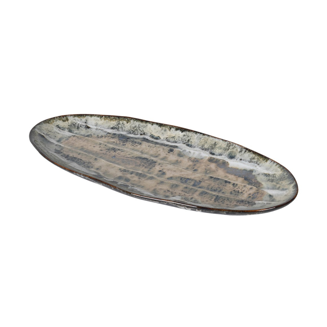 Ocean Glazed Decorative Plate in ceramic with ocean-inspired glaze, displayed on a white background. Decorative centerpiece plate, not food-safe.
