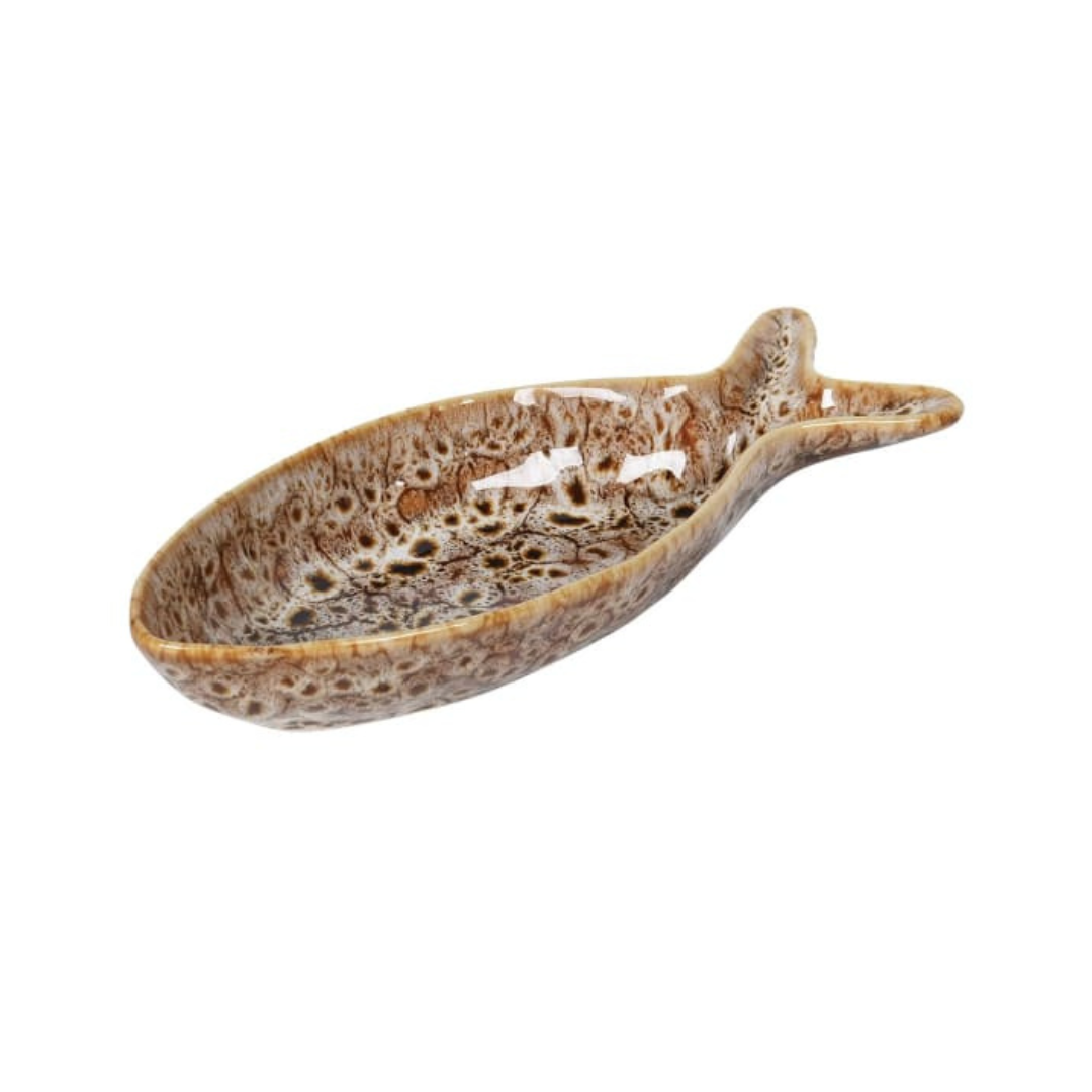 Brown speckled ceramic deep fish-shaped plate, food-safe and microwave-safe, ideal for serving snacks or nibbles.