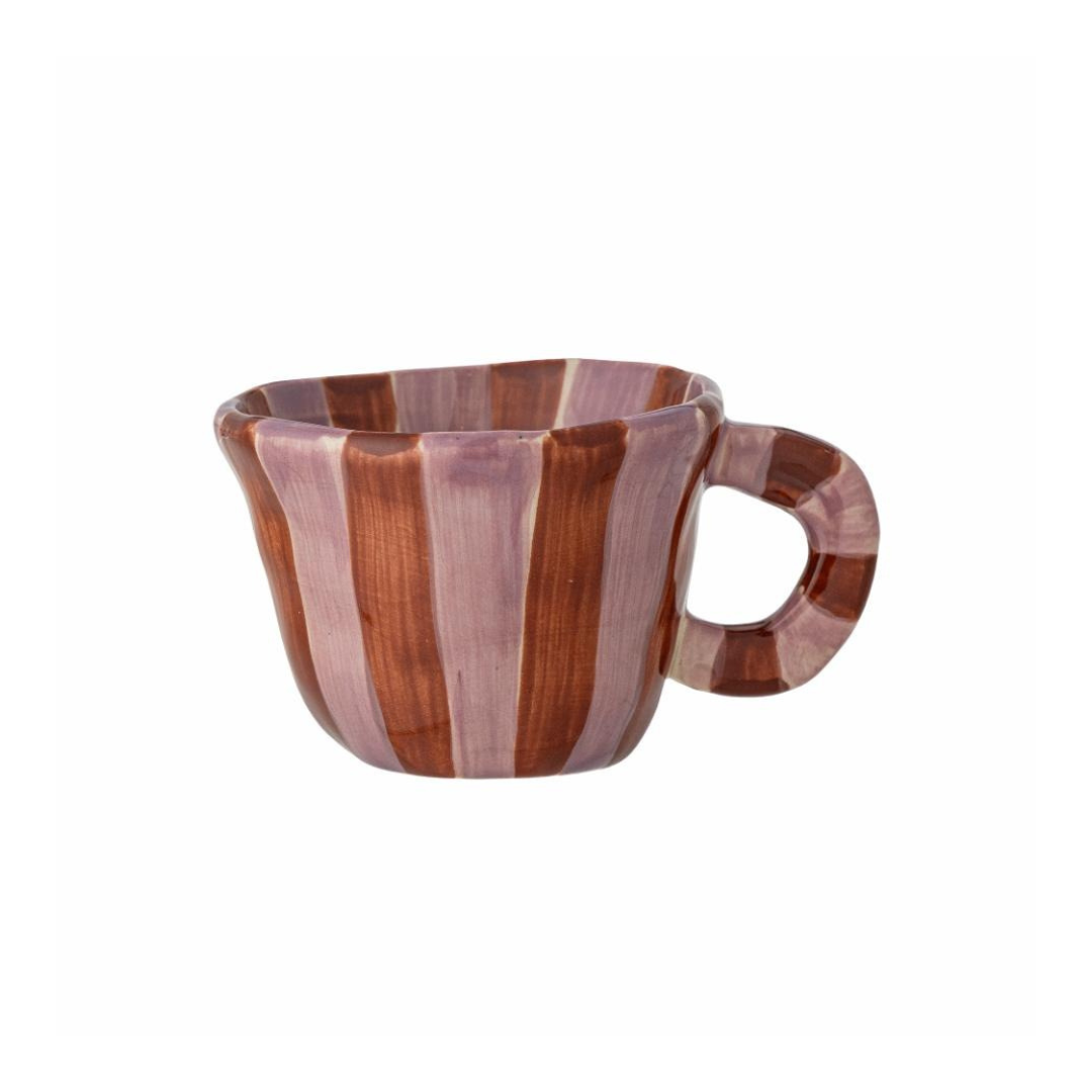 Hand-painted small ceramic cup in pink featuring red stripes. Ideal for coffee, tea, or as a decorative display piece.