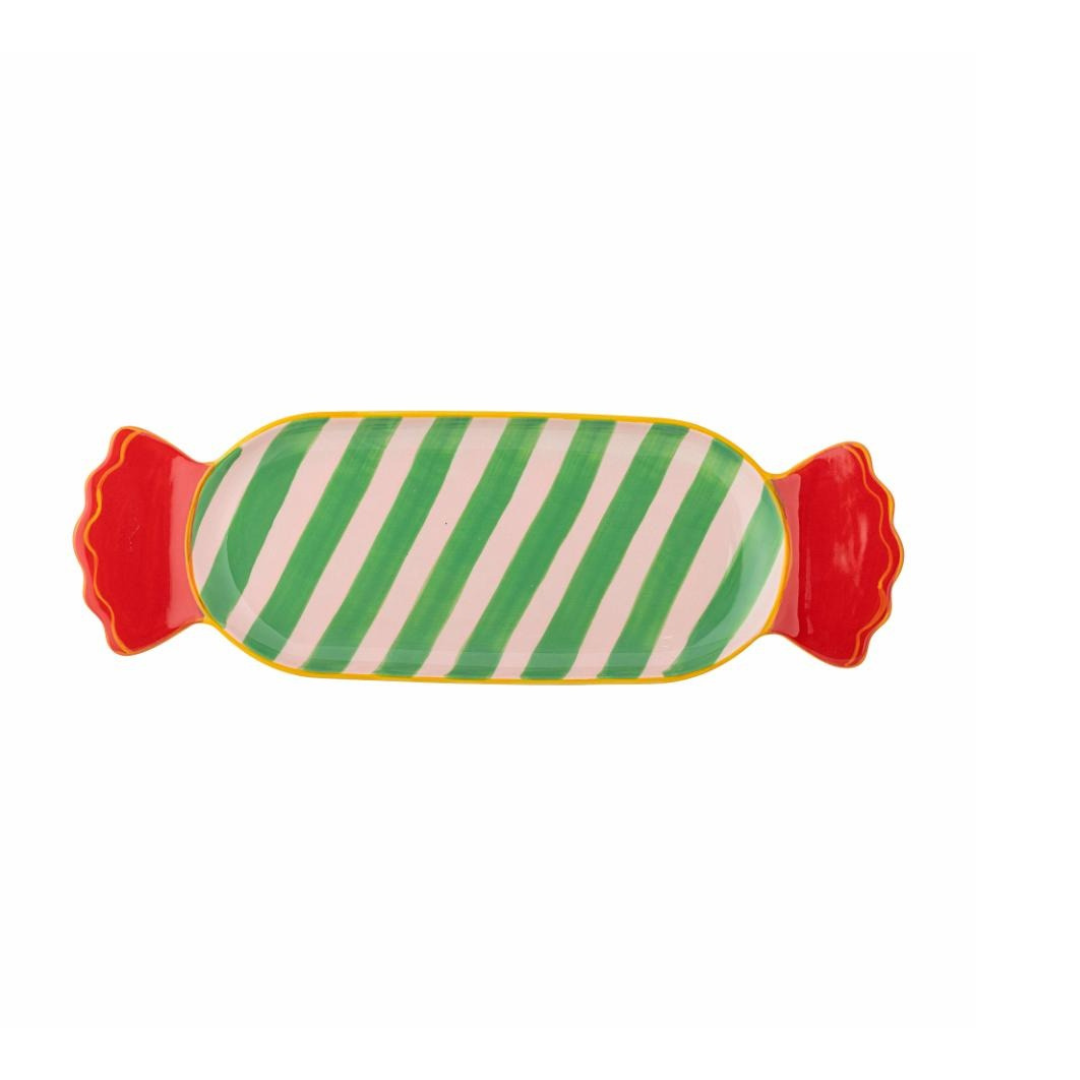 Striped green Caramella-shaped serving plate on a white background, hand-painted and vibrant tableware for appetizers or desserts.