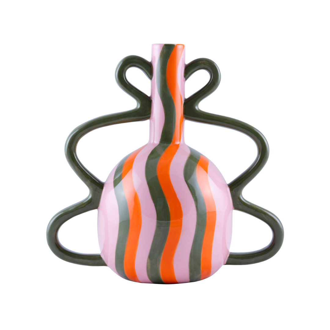 Hand-painted Sofía Vase with Squiggle Wiggle pattern in pink, orange, and olive green – ceramic art vase with organic shape