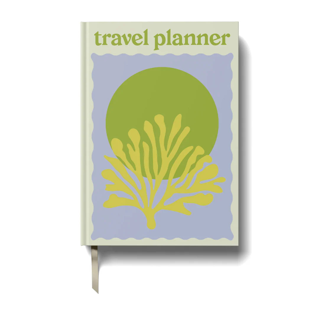 A5 travel planner with green coral and lavender cover, featuring a radiant green sun and wave motif, ideal for organizing trips, journaling, and travel keepsakes.
