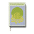 A5 travel planner with green coral and lavender cover, featuring a radiant green sun and wave motif, ideal for organizing trips, journaling, and travel keepsakes.