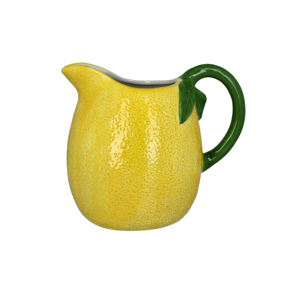 Yellow lemon-shaped ceramic pitcher with a textured finish and a curved green handle, resembling a real lemon.