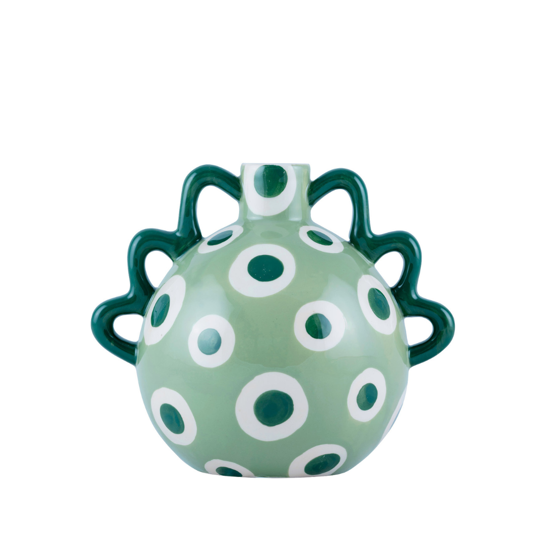 Hand-painted Isidora Vase in green with white and green dots and wavy double handles – round ceramic vase for flowers
