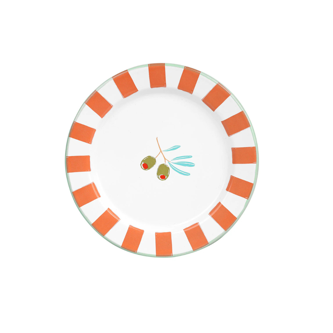 Handcrafted olive-themed enamel plate with bold orange stripes and two olives in the center, olive green trim on underside, 20cm diameter, durable and dishwasher safe.