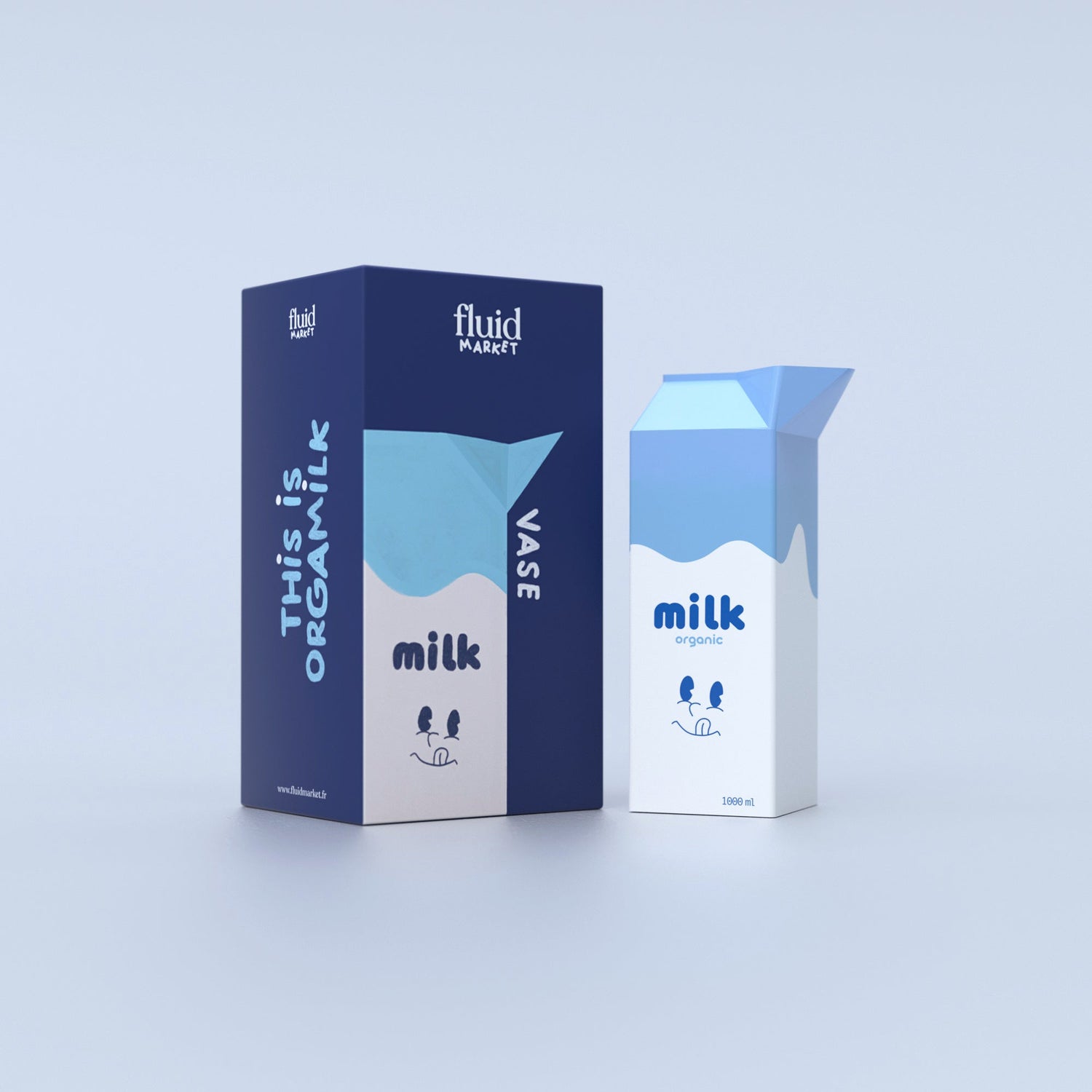 Glossy white ceramic milk carton vase and matching packaging 