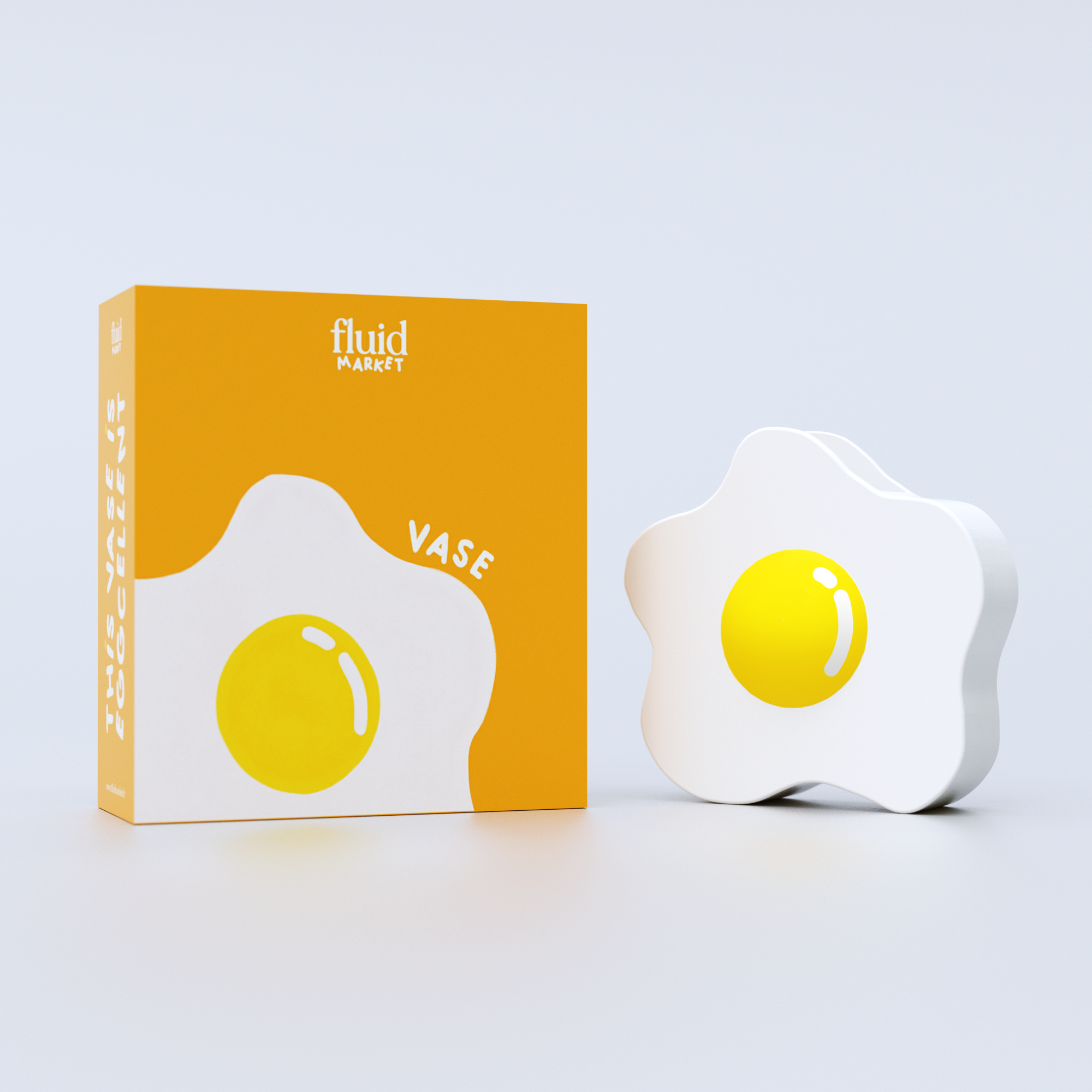 White vase with glossy white base and yellow yolk center next to its packaging box 