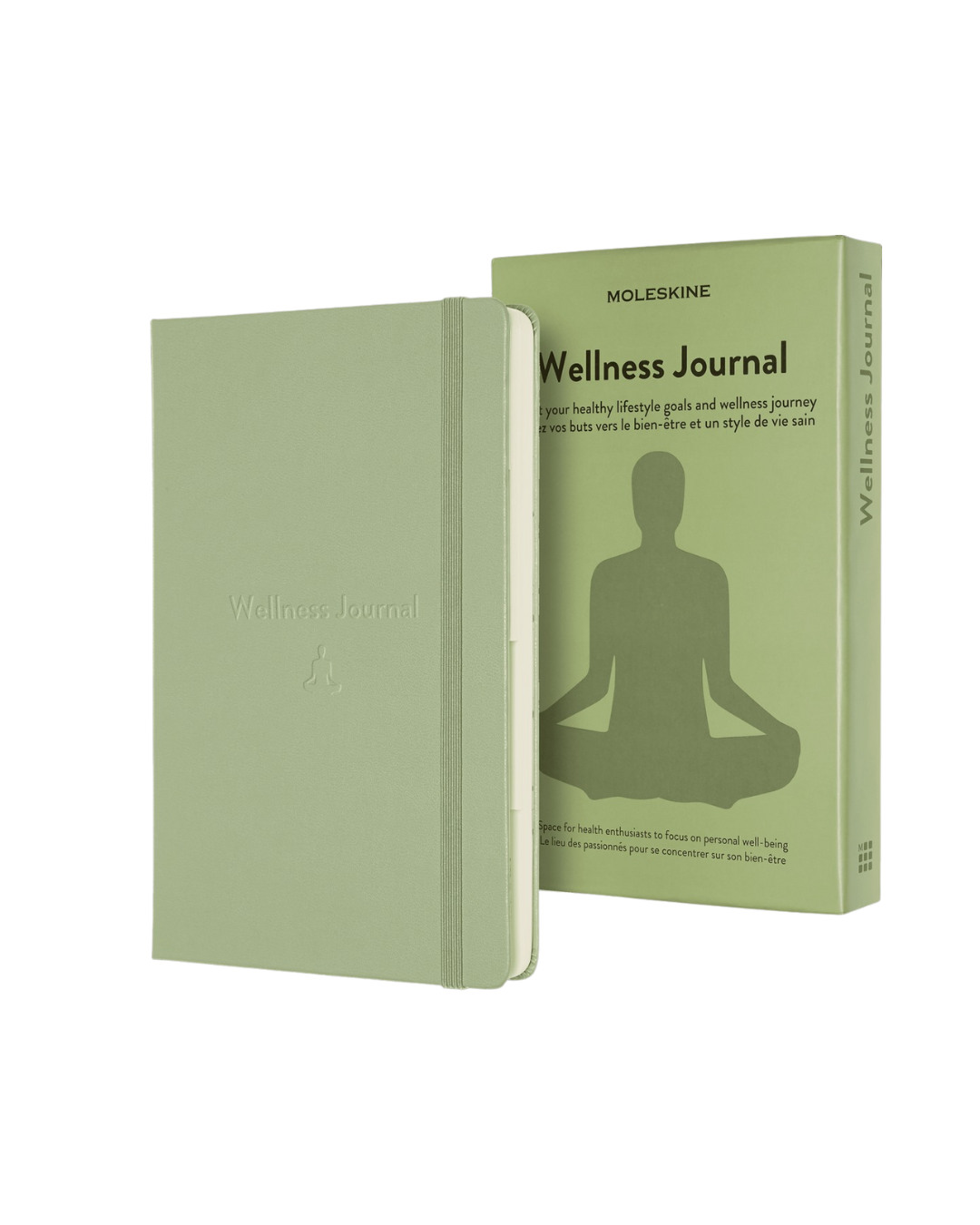 Moleskine Wellness Journal with 400 acid-free pages, two ribbon bookmarks, tabbed sections, themed stickers, and double expandable pocket for tracking habits and mindfulness.