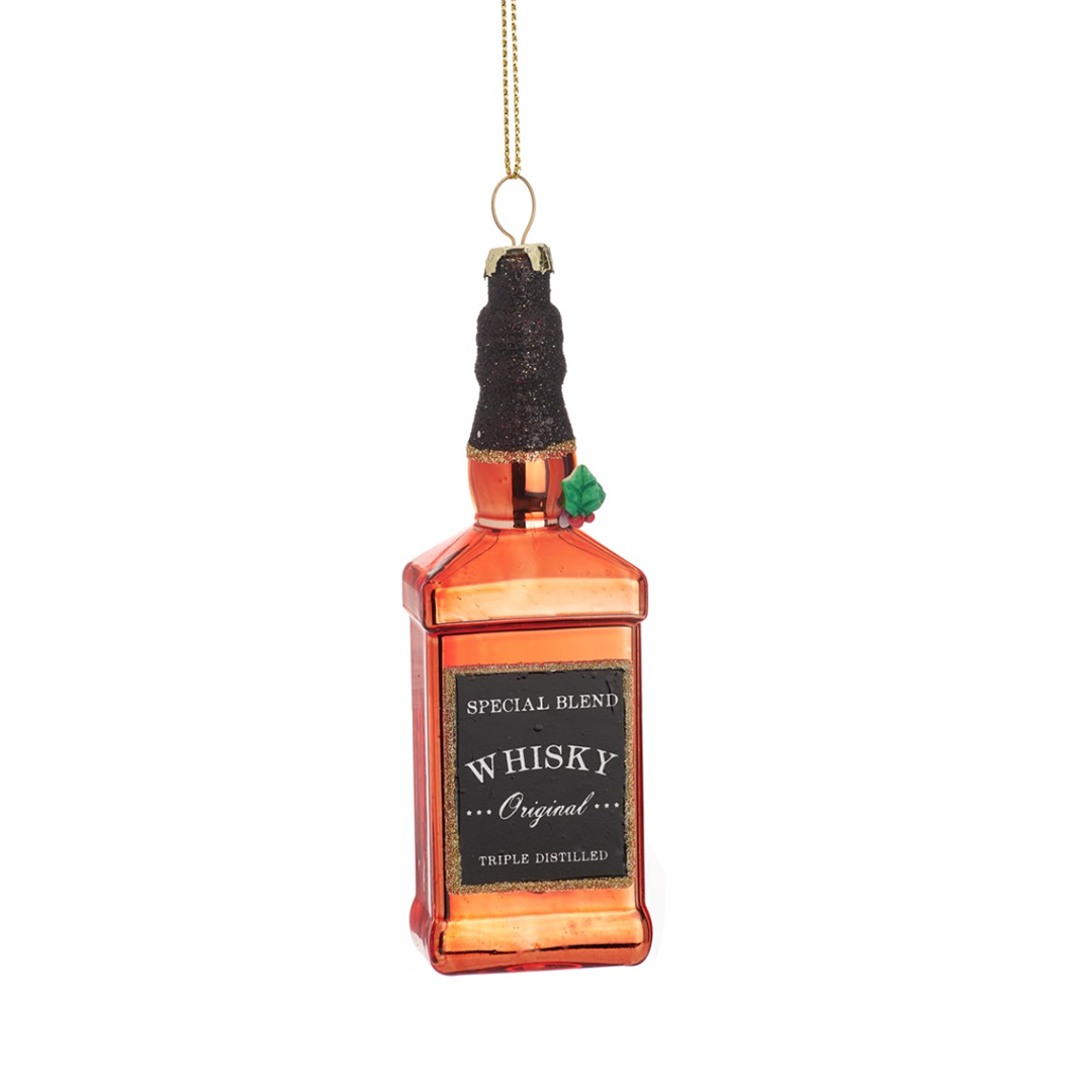 Whisky Bottle Glass Bauble – festive 100% glass Christmas ornament shaped like a whisky bottle for unique holiday décor.