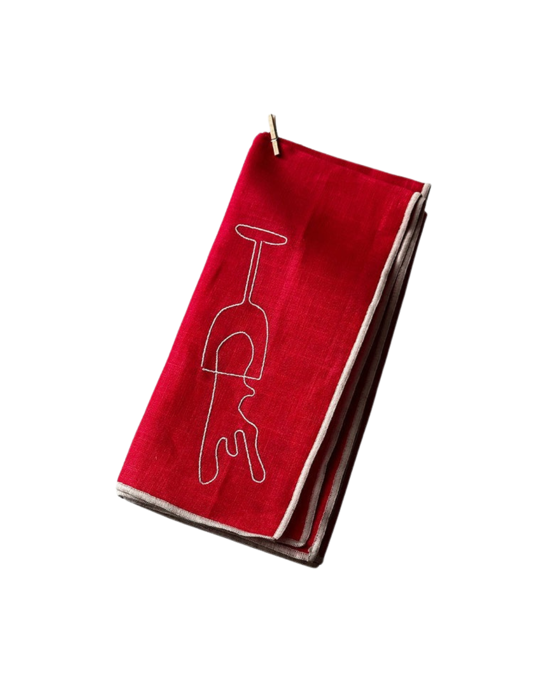 Red linen-cotton napkin with white embroidered wine motifs