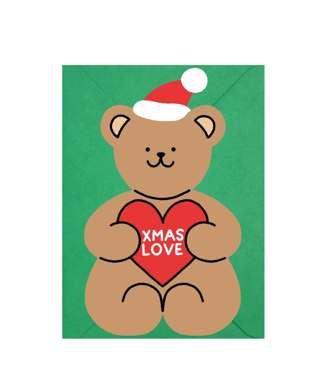 Xmas Love Die Cut Christmas Card featuring teddy bear with heart, Santa hat, A6 size, 300gsm Tintoretto Gesso paper, recycled brown envelope, eco-friendly