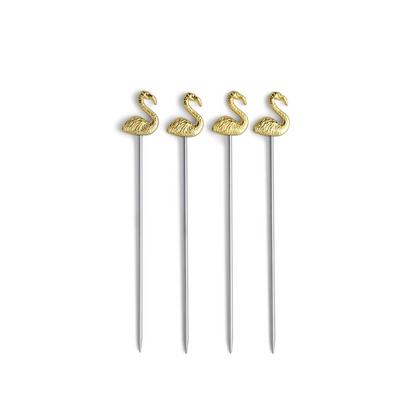 Set of 4 Lily Flamingo Cocktail Picks on white background – tropical reusable bar accessories

