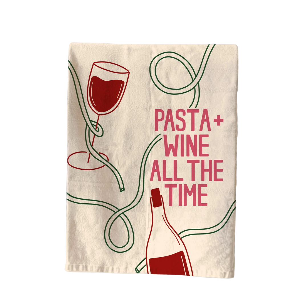 Tea Towel with wine glass, bottle, and text &