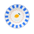 Lemon-themed enamel plate with blue stripes, pink wavy circle, and blue trim – 25cm, handcrafted and dishwasher safe