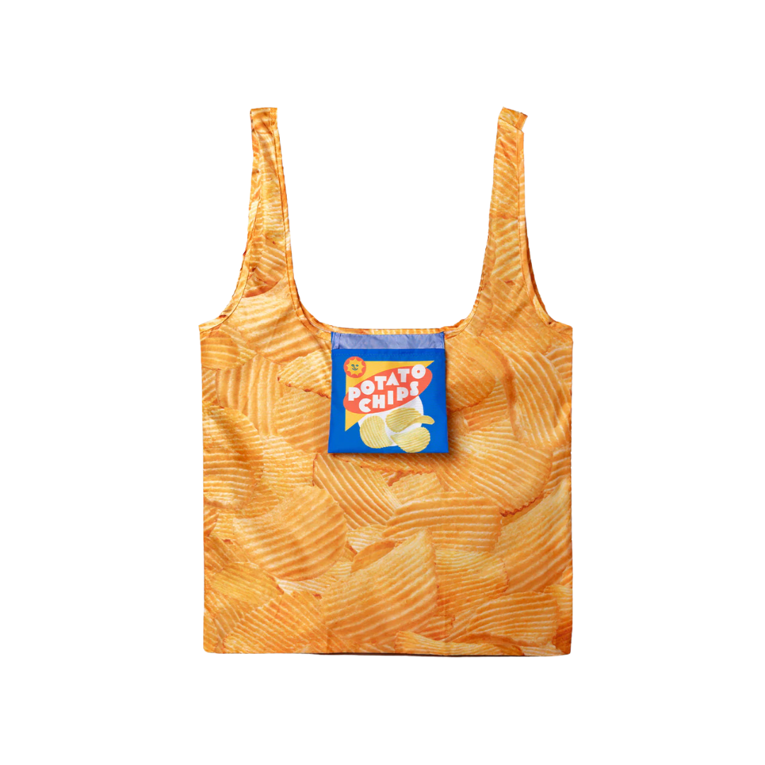 Reusable nylon tote bag with playful potato chip print – foldable with built-in pouch for compact storage
