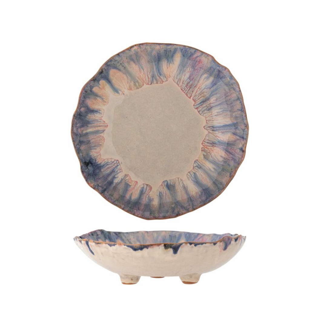Top view and side profile of Amalia stoneware bowl with beige base and blue‑purple watercolor glaze rim, on a white background.