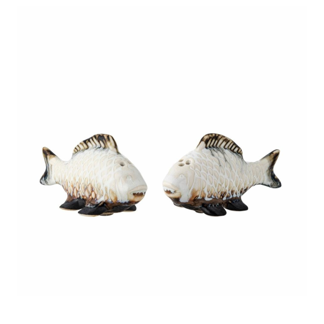 Chase stoneware salt and pepper shaker set shaped like two decorative fish, on a white background –
